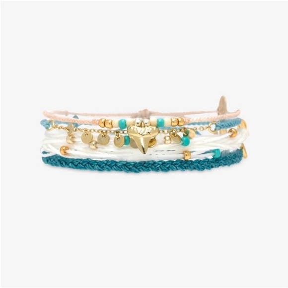 Pura Vida stackable bracelet, shark shore, Gold and Teal Beaded Set - Picture 1 of 2